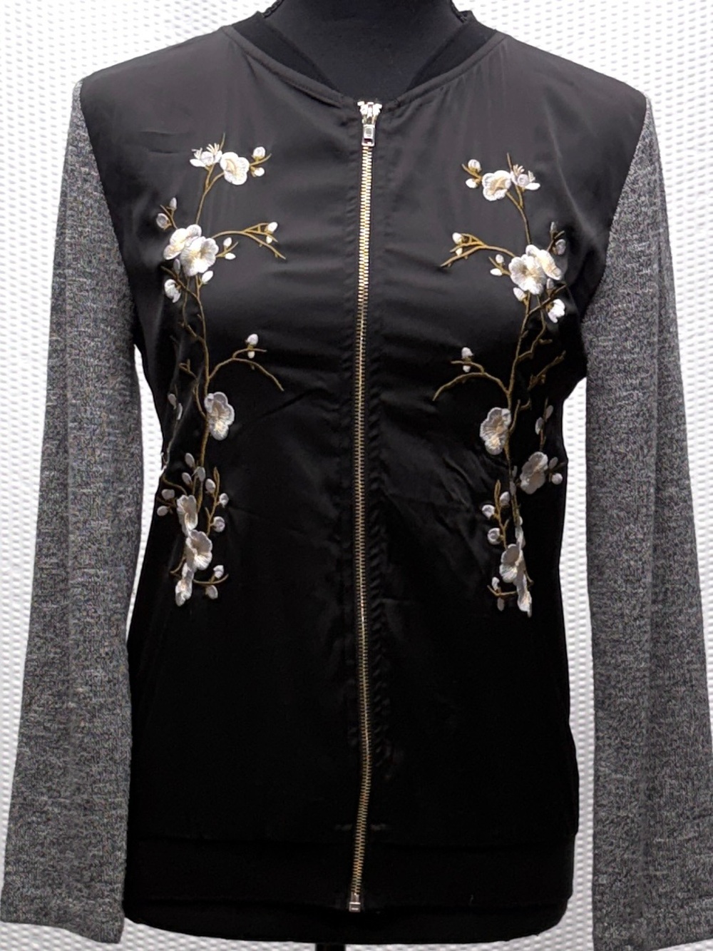 BKE Cherry Blossom Bomber Jacket Women XS Satin Embroidered